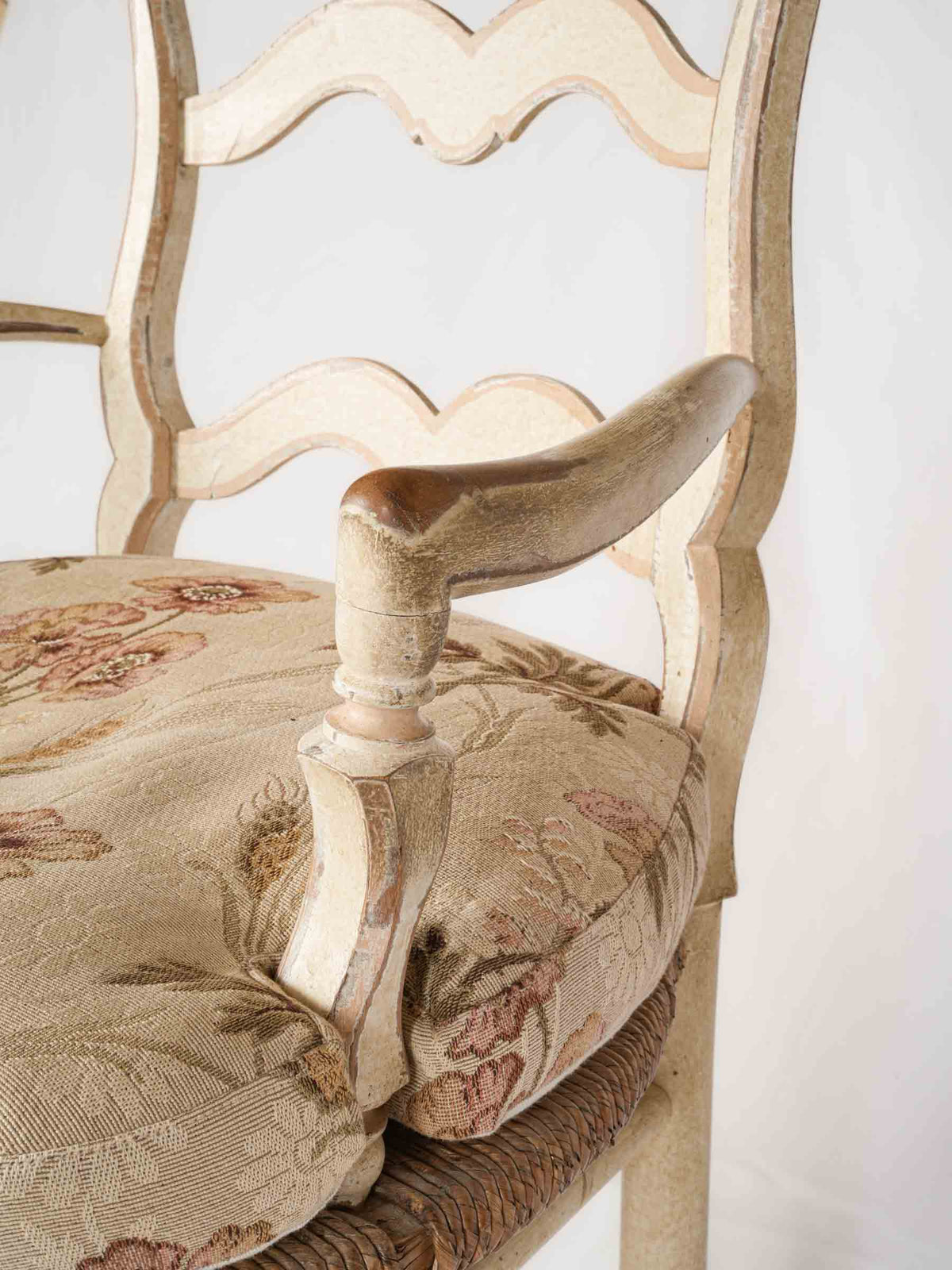 Painted Provençal Ladderback Armchair With Rush Seat and Floral Cushion