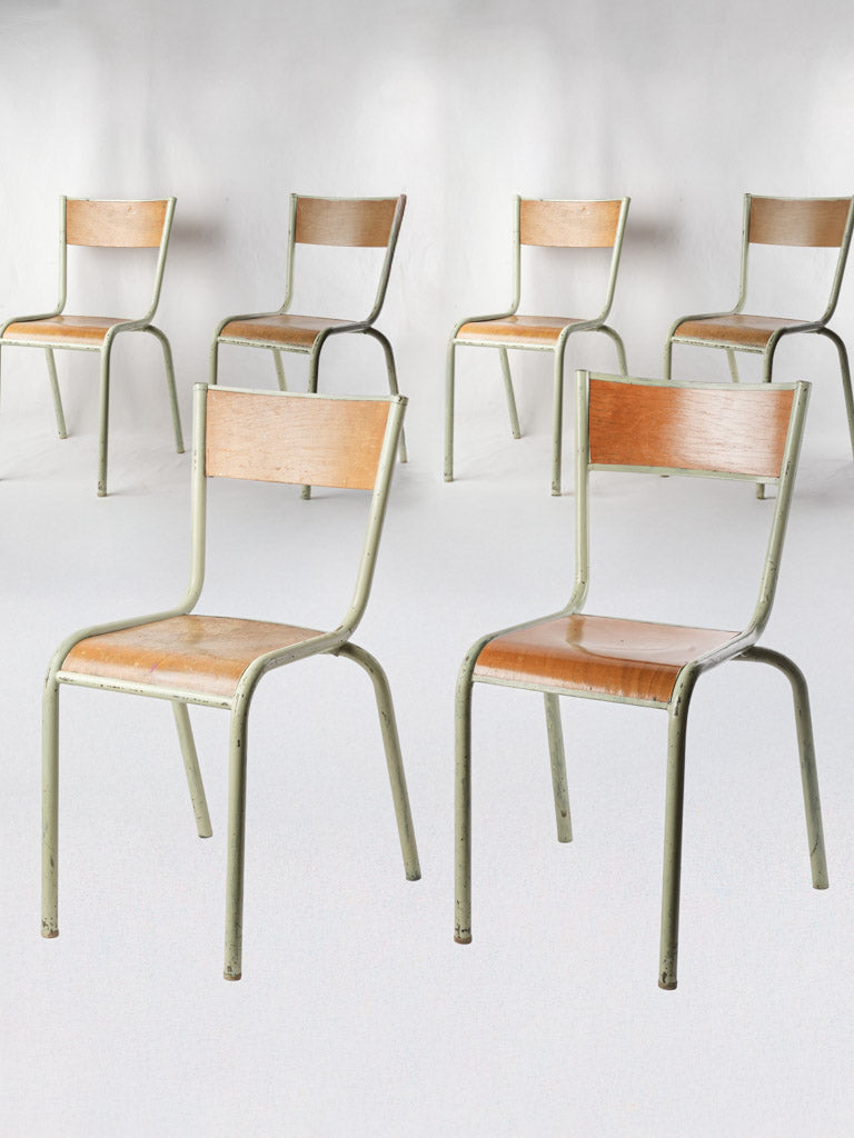 Set of 6 Mid 20th century French Stacking School Chairs in Sage-Green Paint