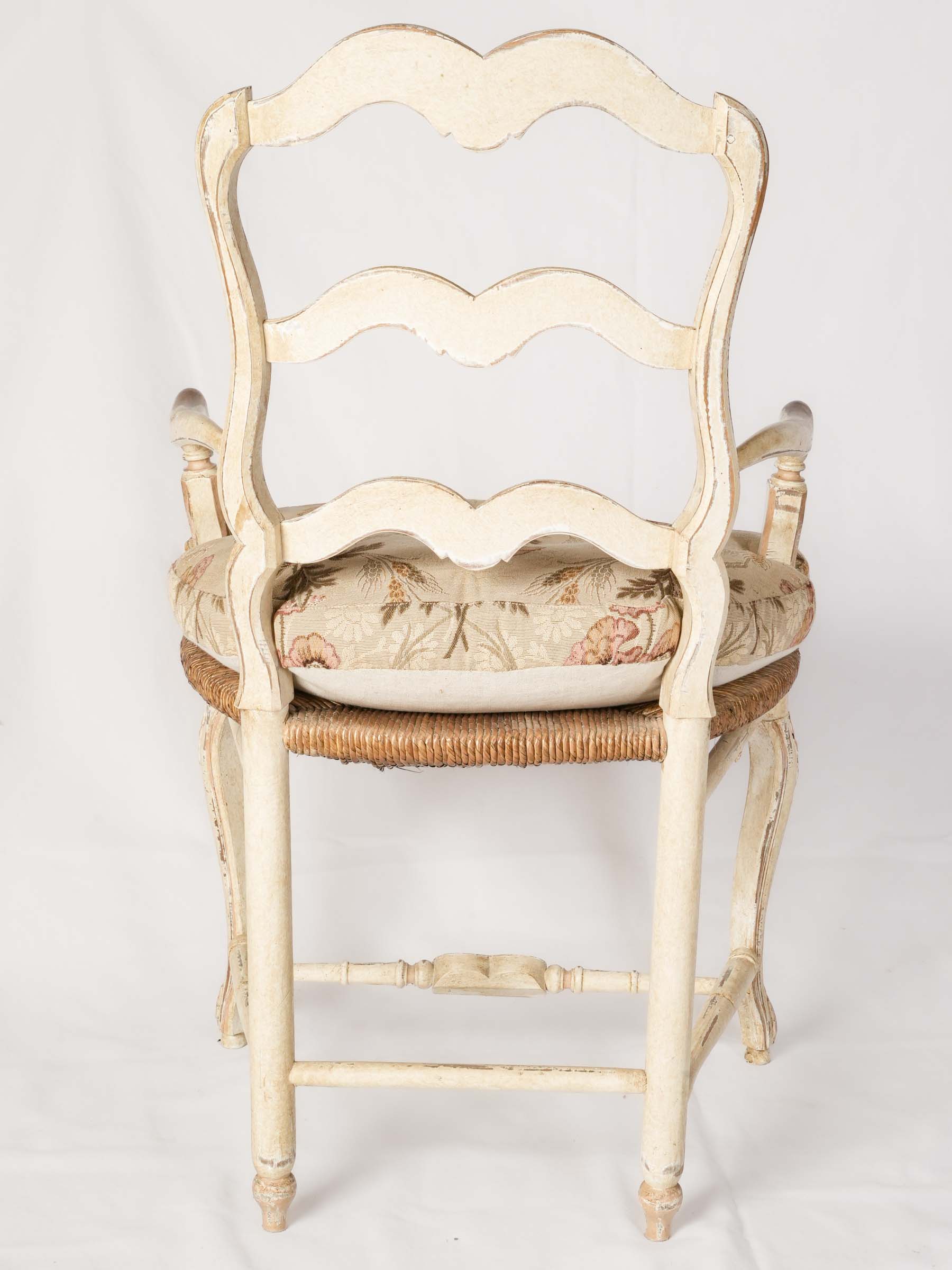 Painted Provençal Ladderback Armchair With Rush Seat and Floral Cushion