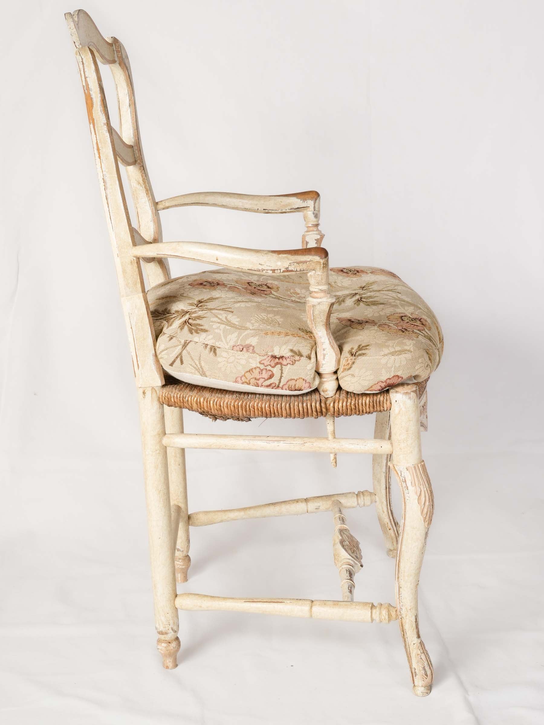 Painted Provençal Ladderback Armchair With Rush Seat and Floral Cushion
