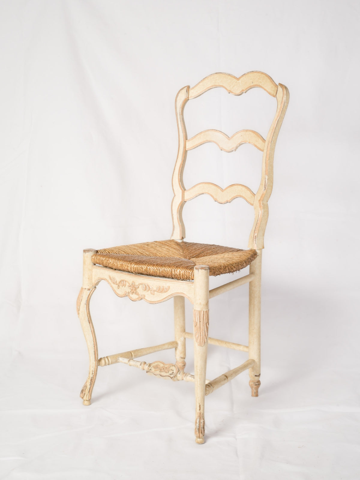 French Ladderback Chair, Painted Beige, 1980s, Rush Seat