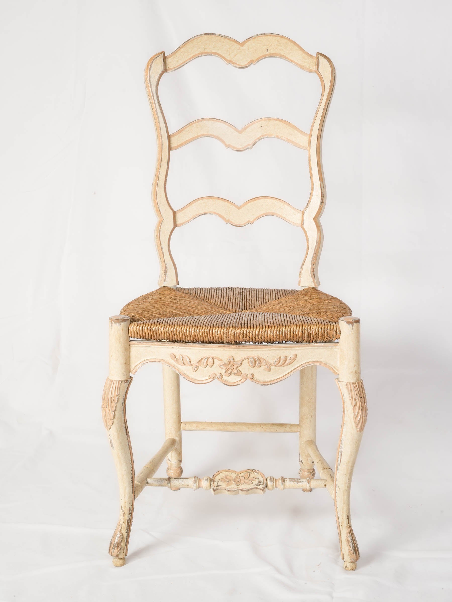 French Ladderback Chair, Painted Beige, 1980s, Rush Seat