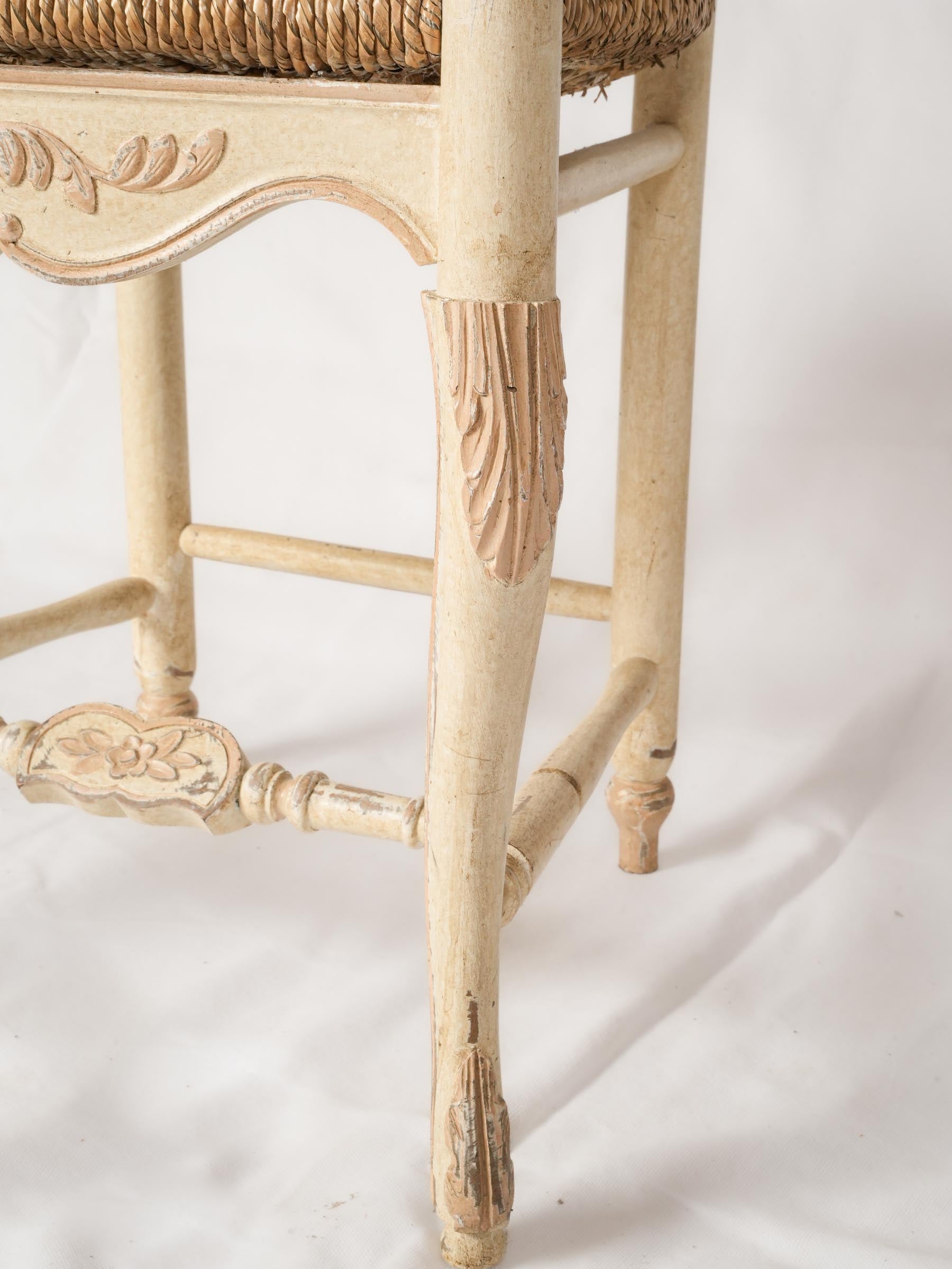 French Ladderback Chair, Painted Beige, 1980s, Rush Seat