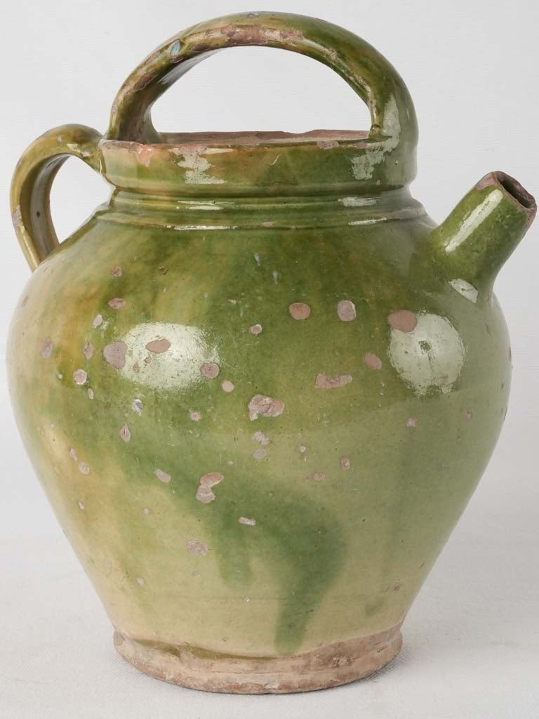 Antique French water pitcher w/ green glaze 9¾"