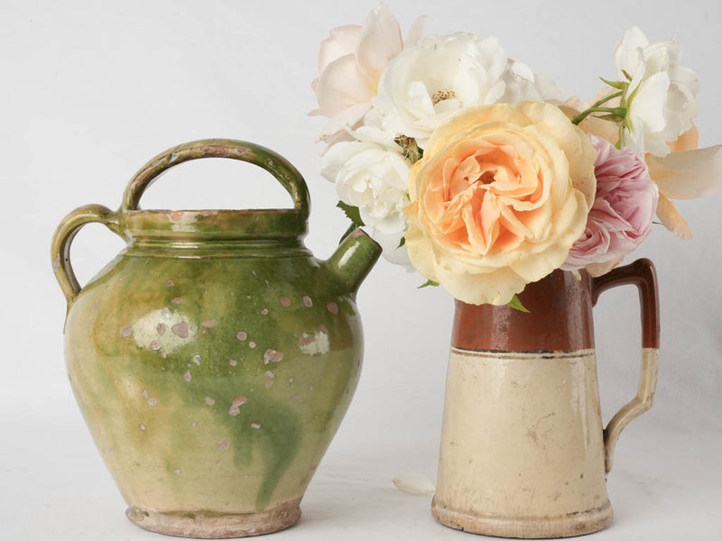 Antique French water pitcher w/ green glaze 9¾"