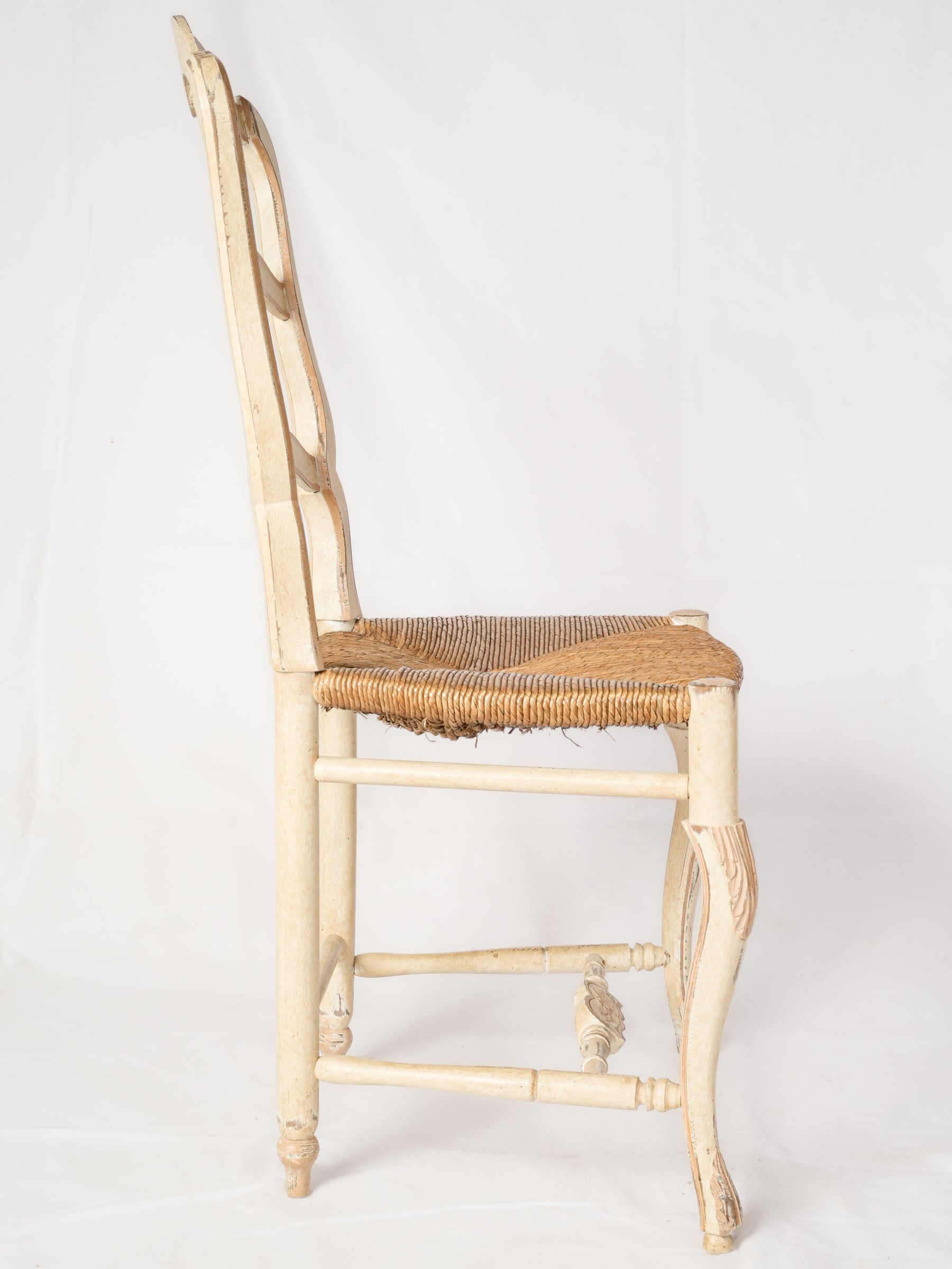 French Ladderback Chair, Painted Beige, 1980s, Rush Seat