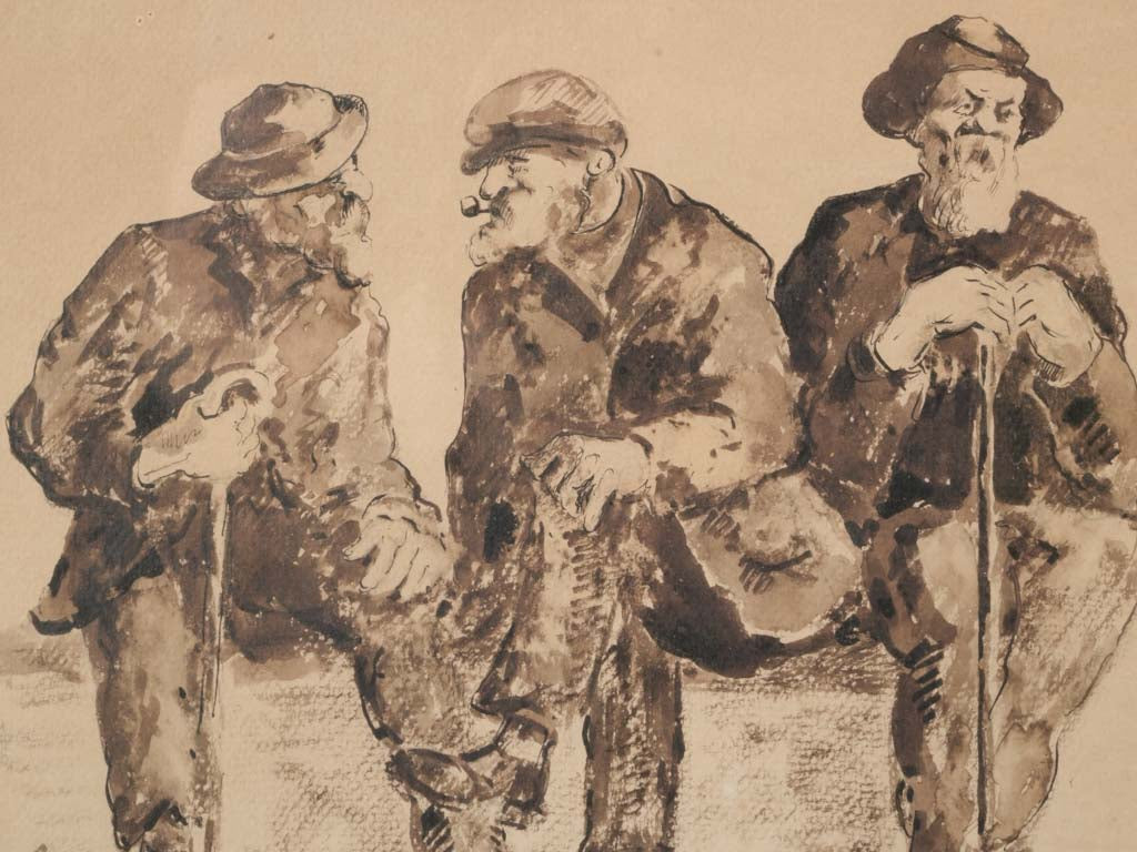 Circa 1900 French Ink and Wash Drawing of  Three Seated Elderly Men - 15" x 19¼"