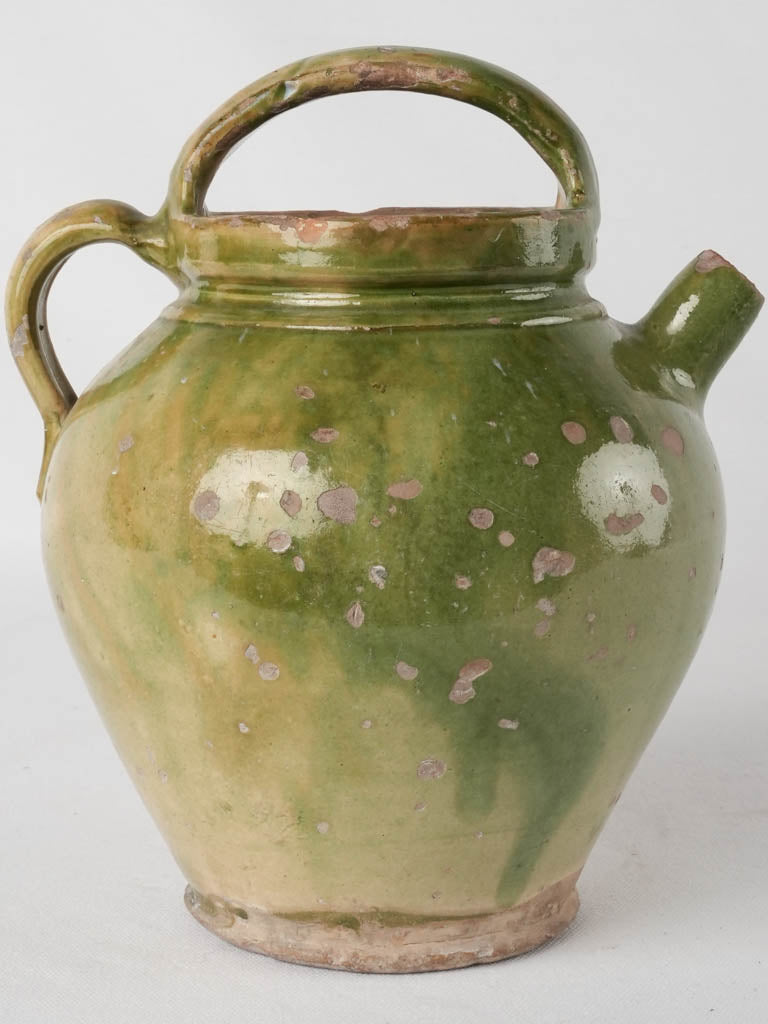 Antique French water pitcher w/ green glaze 9¾"