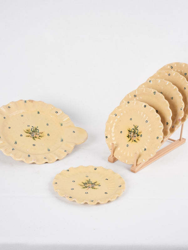French yellow-beige set of 6 dessert plates & platter
