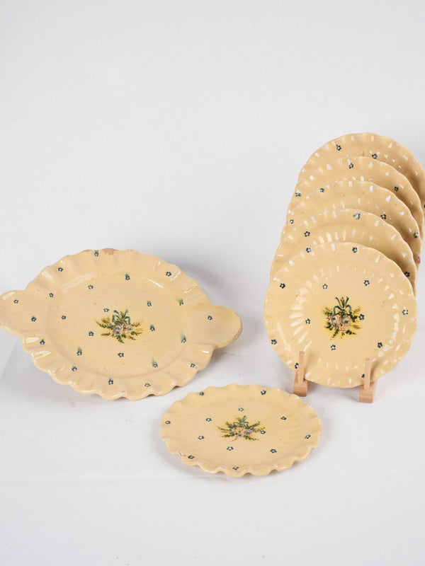 French yellow-beige set of 6 dessert plates & platter