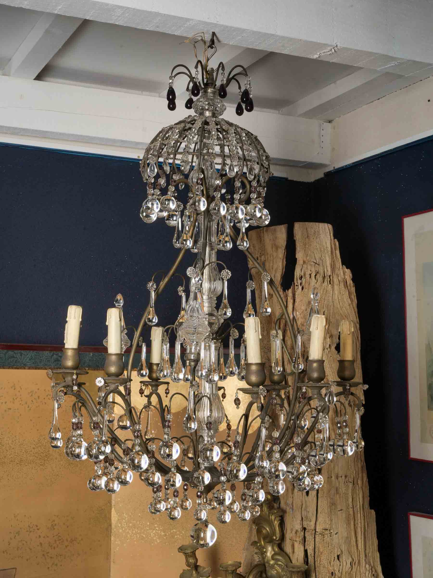 Striking Belle Époque Cage Chandelier w/ 9 Lights and Teardrop Pendants - 37¾" x 25½"
