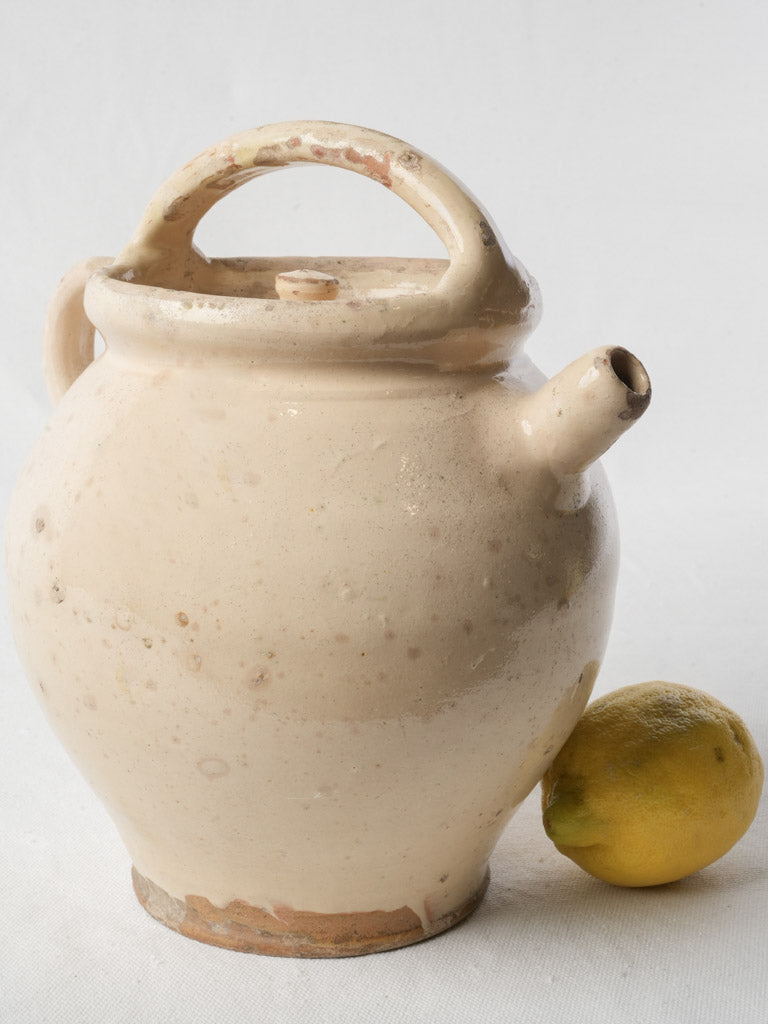 Antique Ivory-Glazed Provencal Terracotta Water Jug w/ Lid