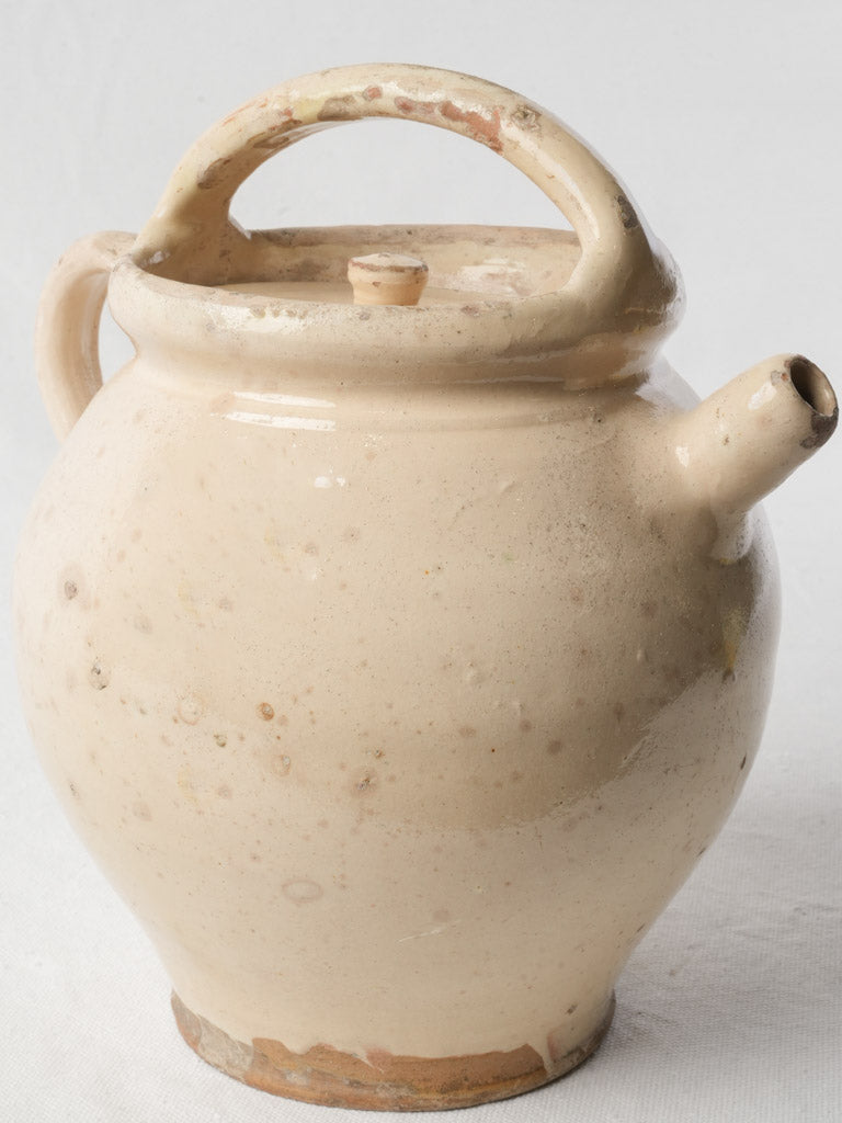 Antique Ivory-Glazed Provencal Terracotta Water Jug w/ Lid