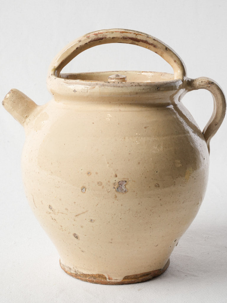 Antique Ivory-Glazed Provencal Terracotta Water Jug w/ Lid