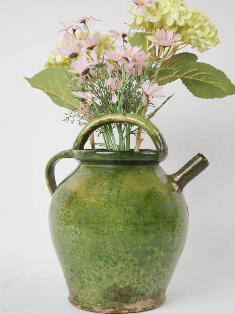 Antique French cruche - green w/ brown spout 12½