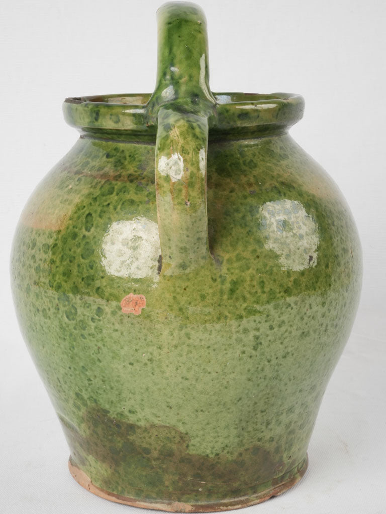Antique French cruche - green w/ brown spout 12½"