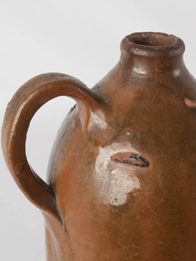 Antique terracotta bottle from Drôme - bottle brown w/ beige patterns 10¾"