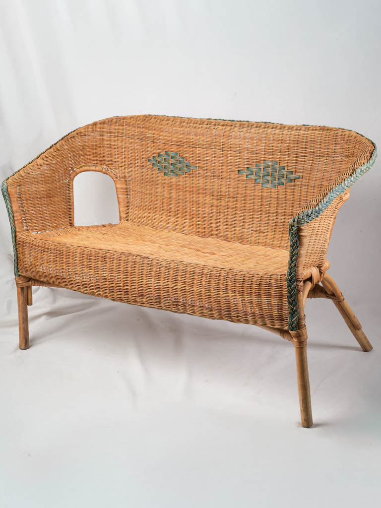 1960s French Wicker Banquette w/ Sea-Green Trim - 45¾"