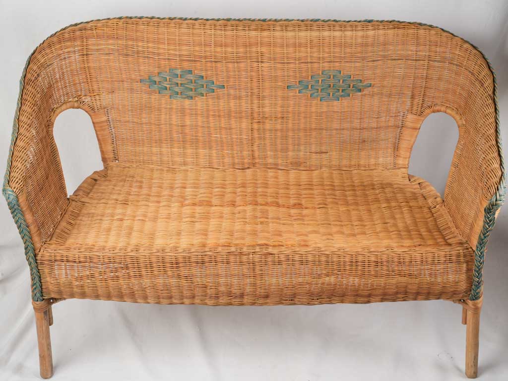 1960s French Wicker Banquette w/ Sea-Green Trim - 45¾"