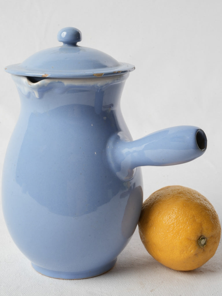 Antique Martres-Tolosane Blue Glazed Ceramic Milk Pitcher W/ Lid - 9½"