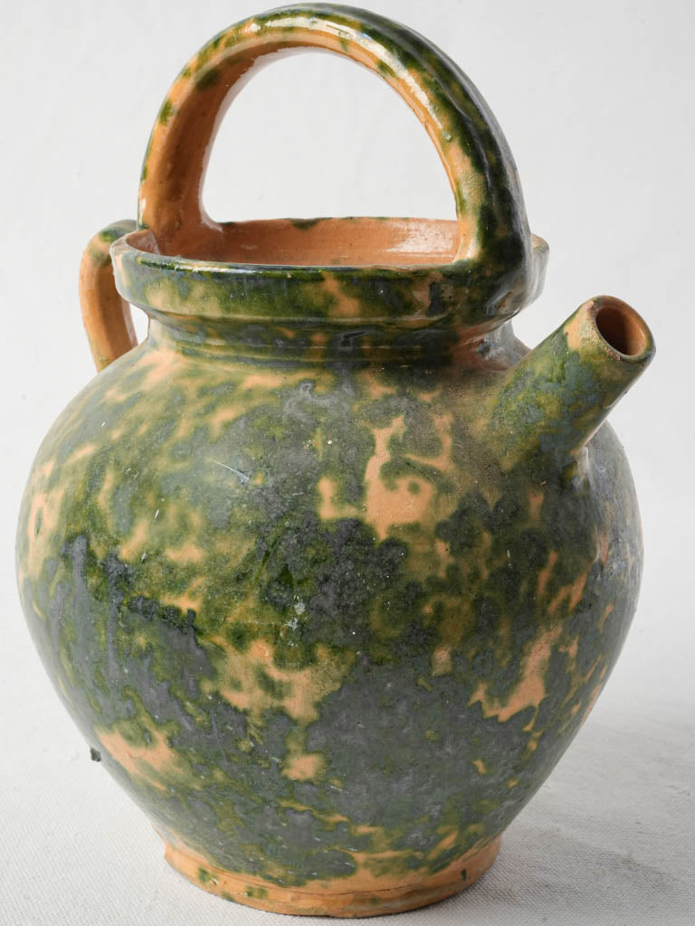 French Rustic Green Speckled Glazed Terracotta Water Jug - 11"