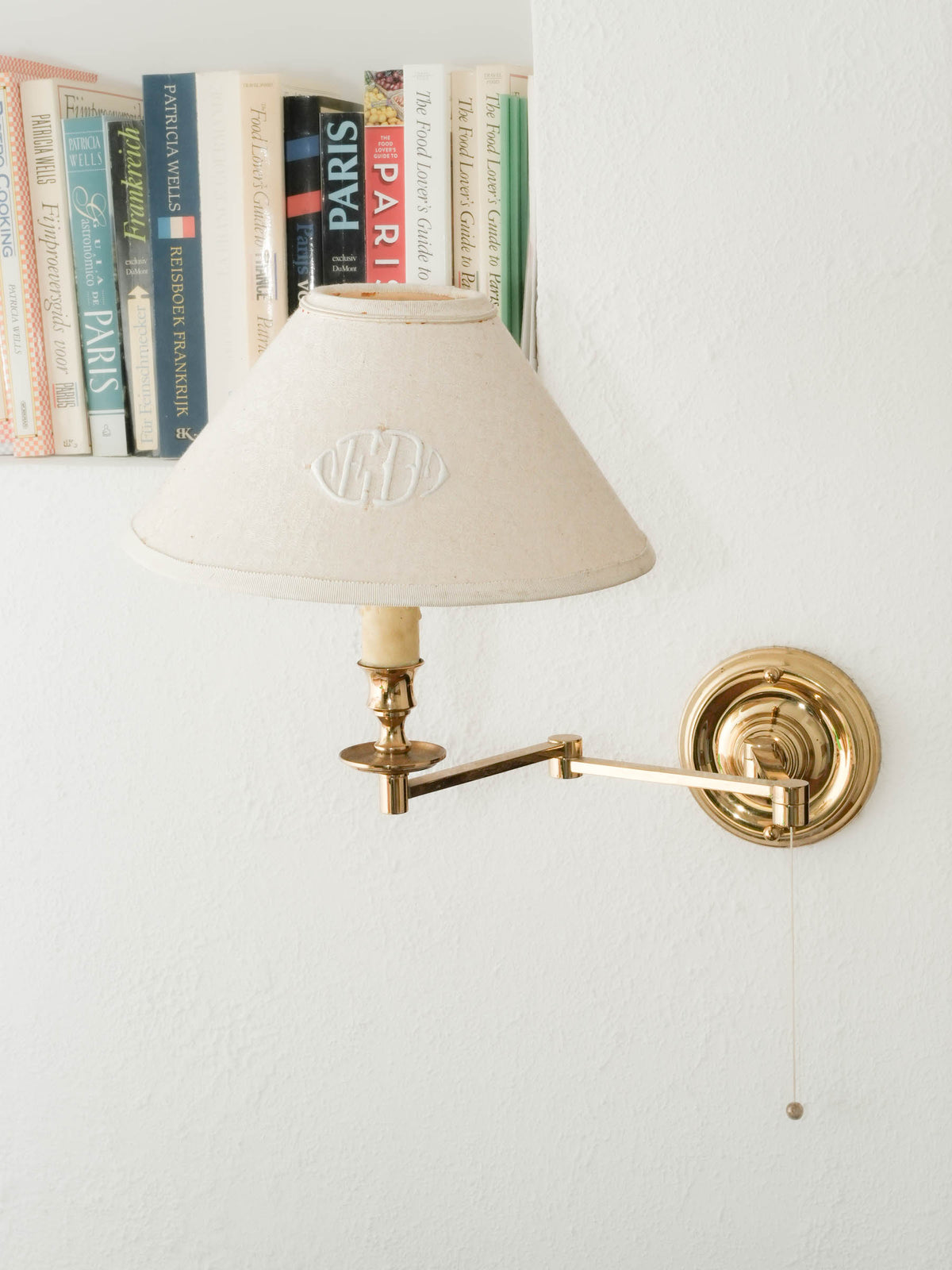 Vintage Adjustable Brass Wall Sconce w/ Monogrammed Shade