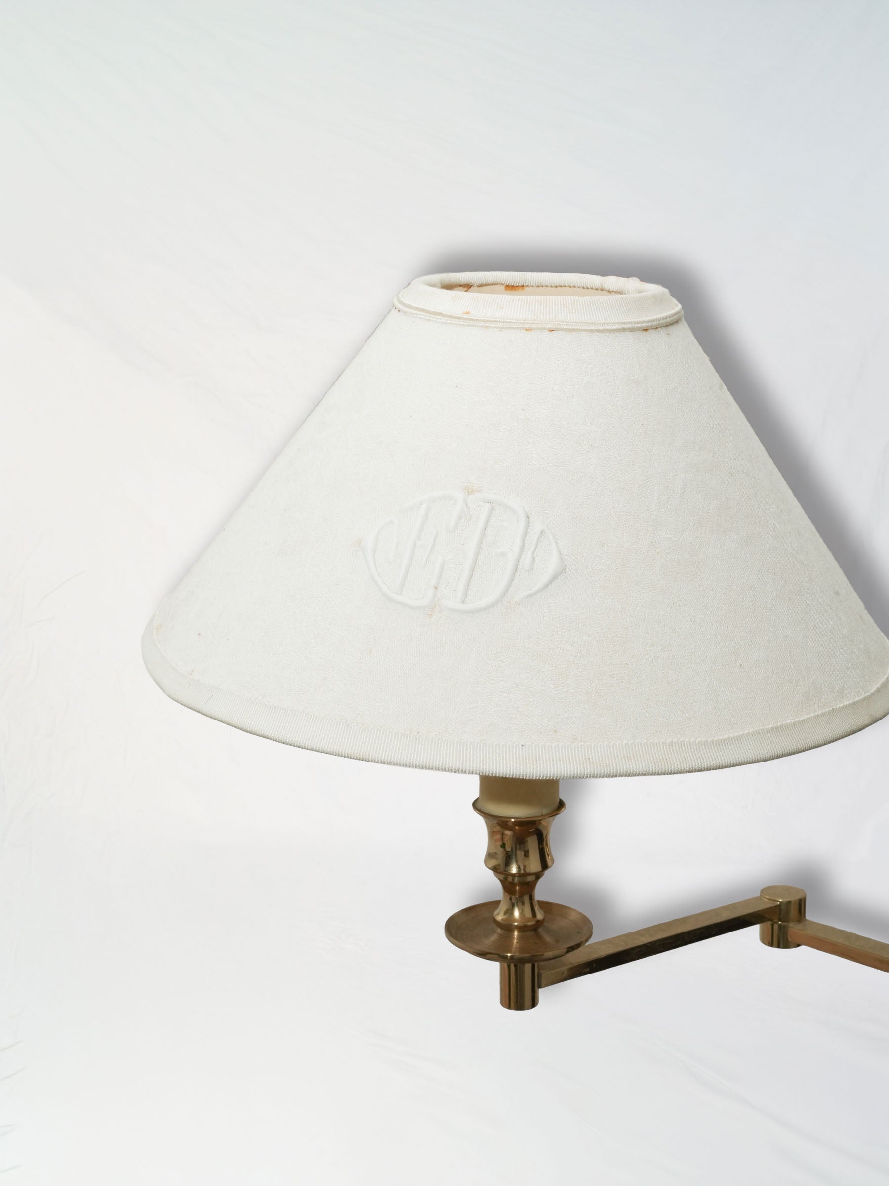 Vintage Adjustable Brass Wall Sconce w/ Monogrammed Shade