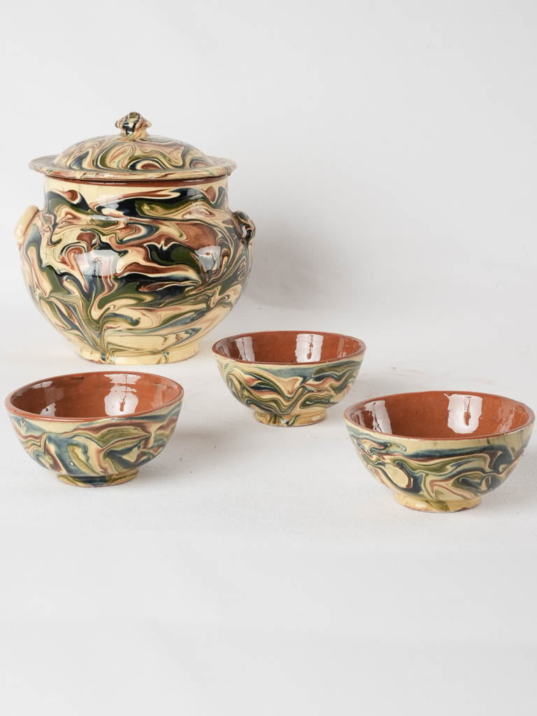 Jaspée soupier and 3 little bowls