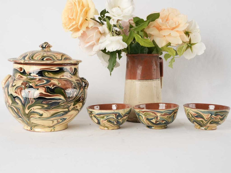 Jaspée soupier and 3 little bowls
