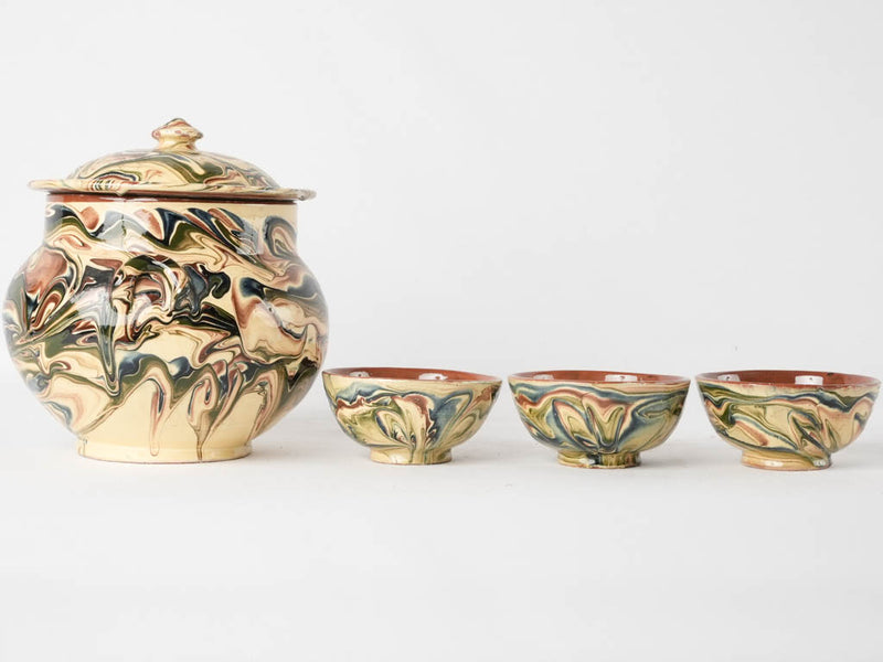 Jaspée soupier and 3 little bowls