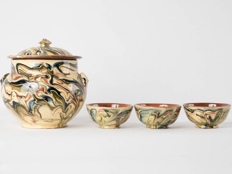 Jaspée soupier and 3 little bowls