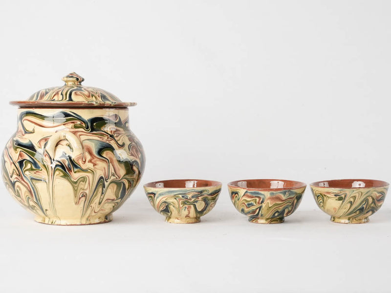 Jaspée soupier and 3 little bowls