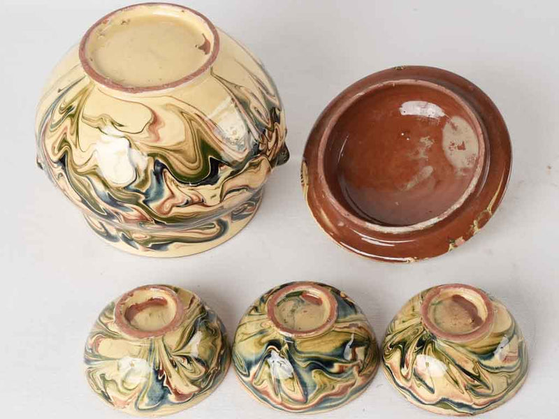 Jaspée soupier and 3 little bowls
