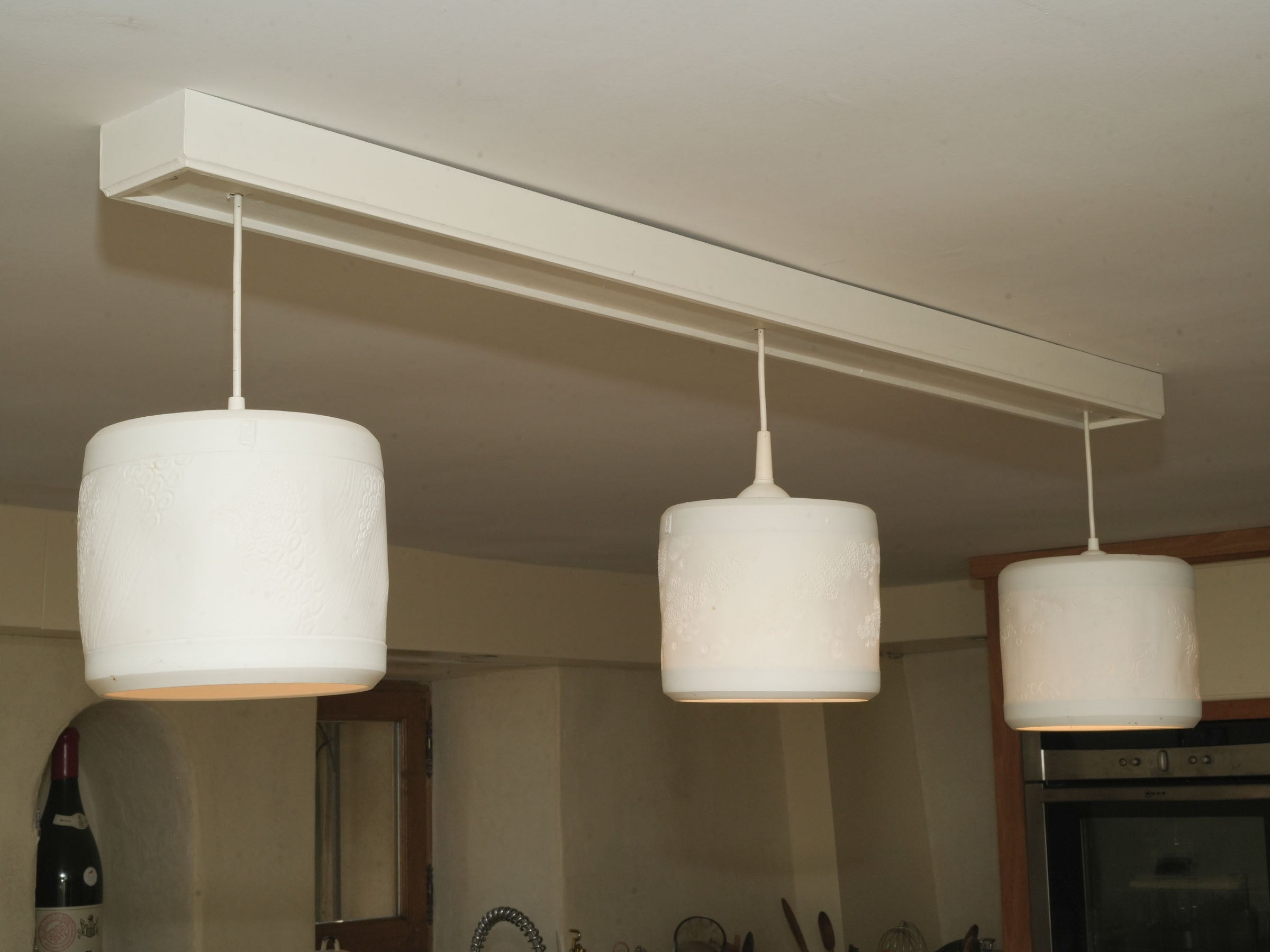 Three Handmade Porcelain Pendant Light Fixtures with Botanical Impressions 13" x 8"