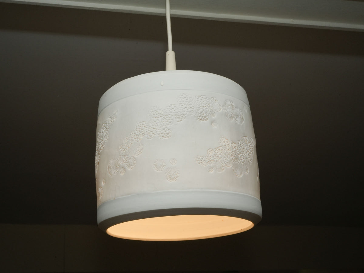 Three Handmade Porcelain Pendant Light Fixtures with Botanical Impressions 13" x 8"