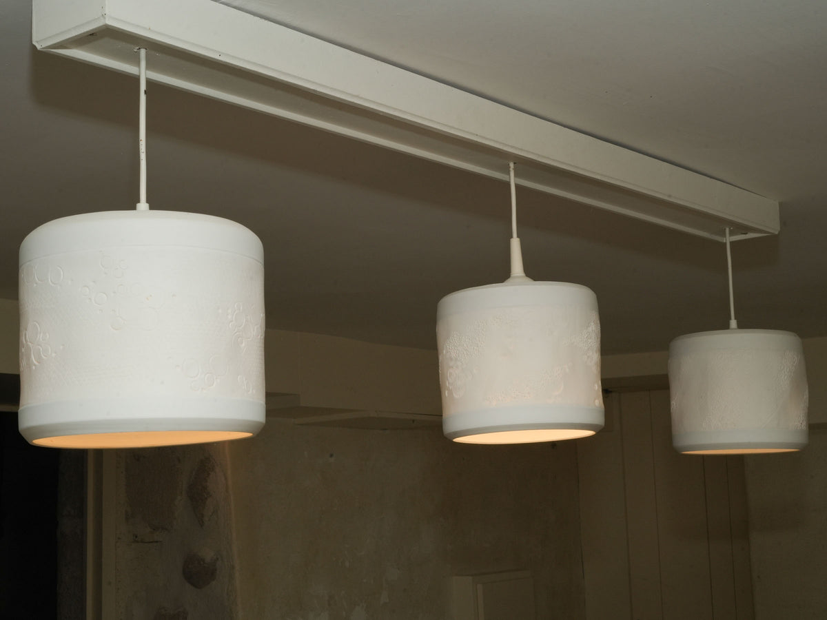 Three Handmade Porcelain Pendant Light Fixtures with Botanical Impressions 13" x 8"