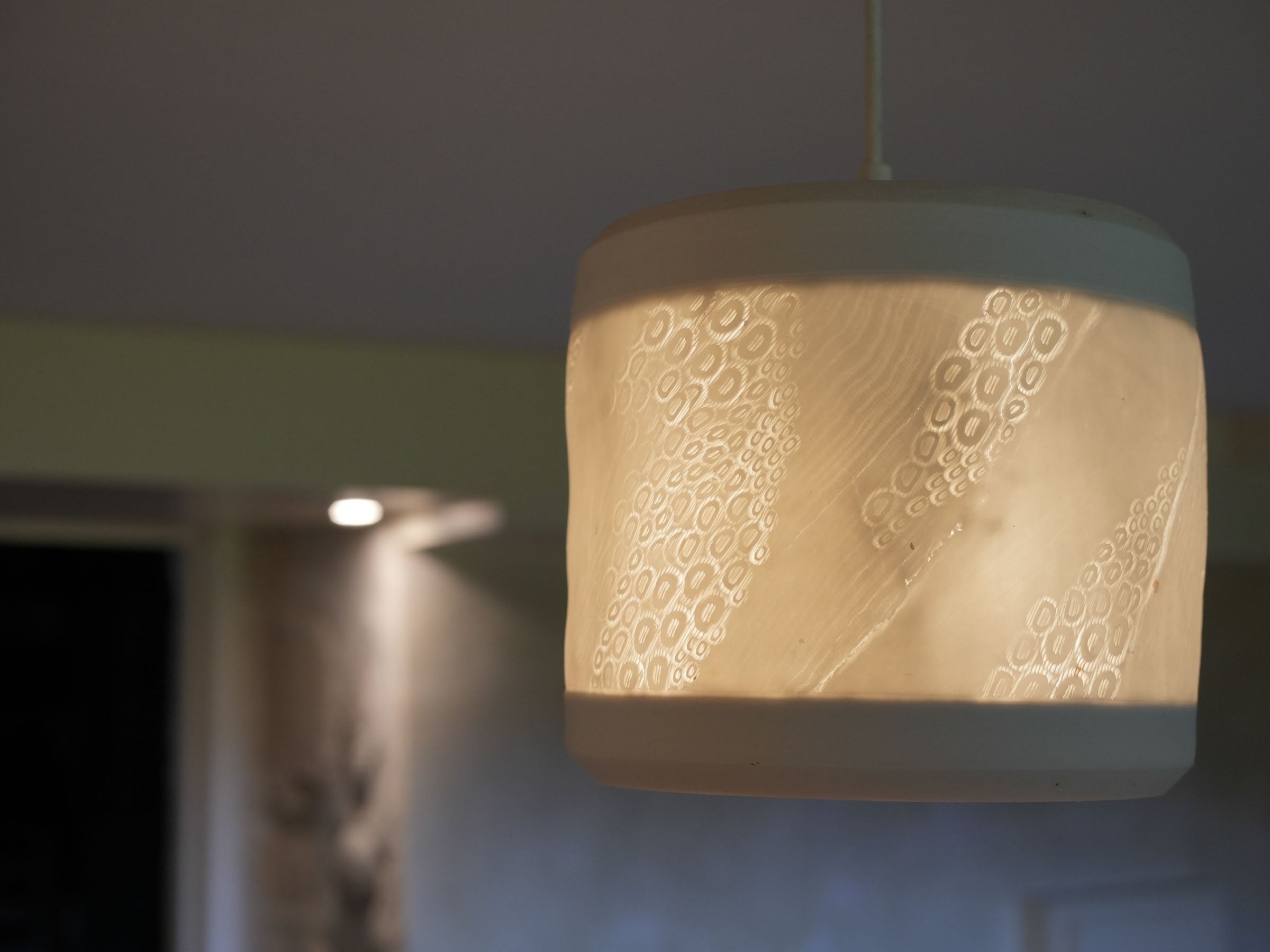 Three Handmade Porcelain Pendant Light Fixtures with Botanical Impressions 13" x 8"