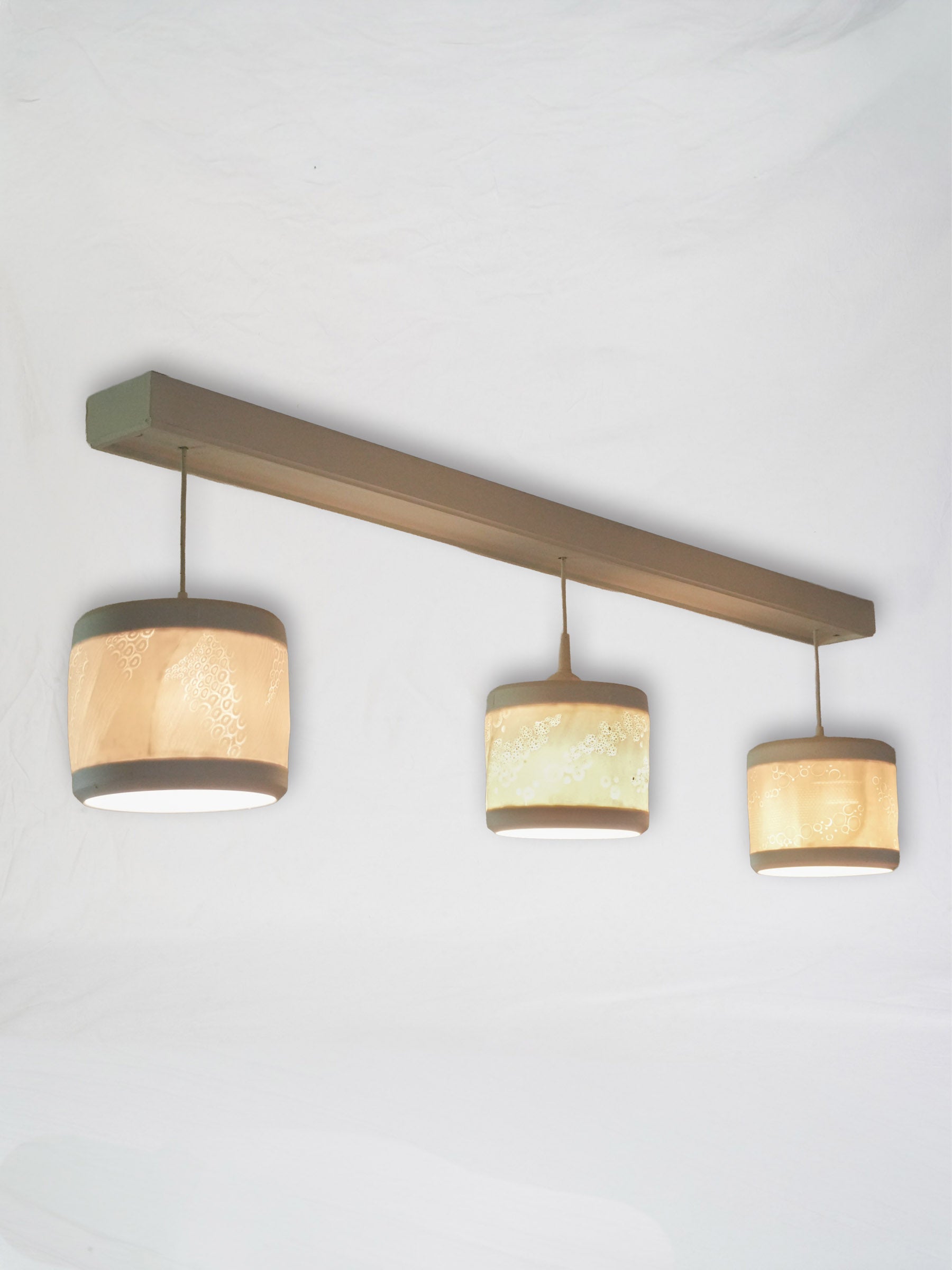 Three Handmade Porcelain Pendant Light Fixtures with Botanical Impressions 13" x 8"