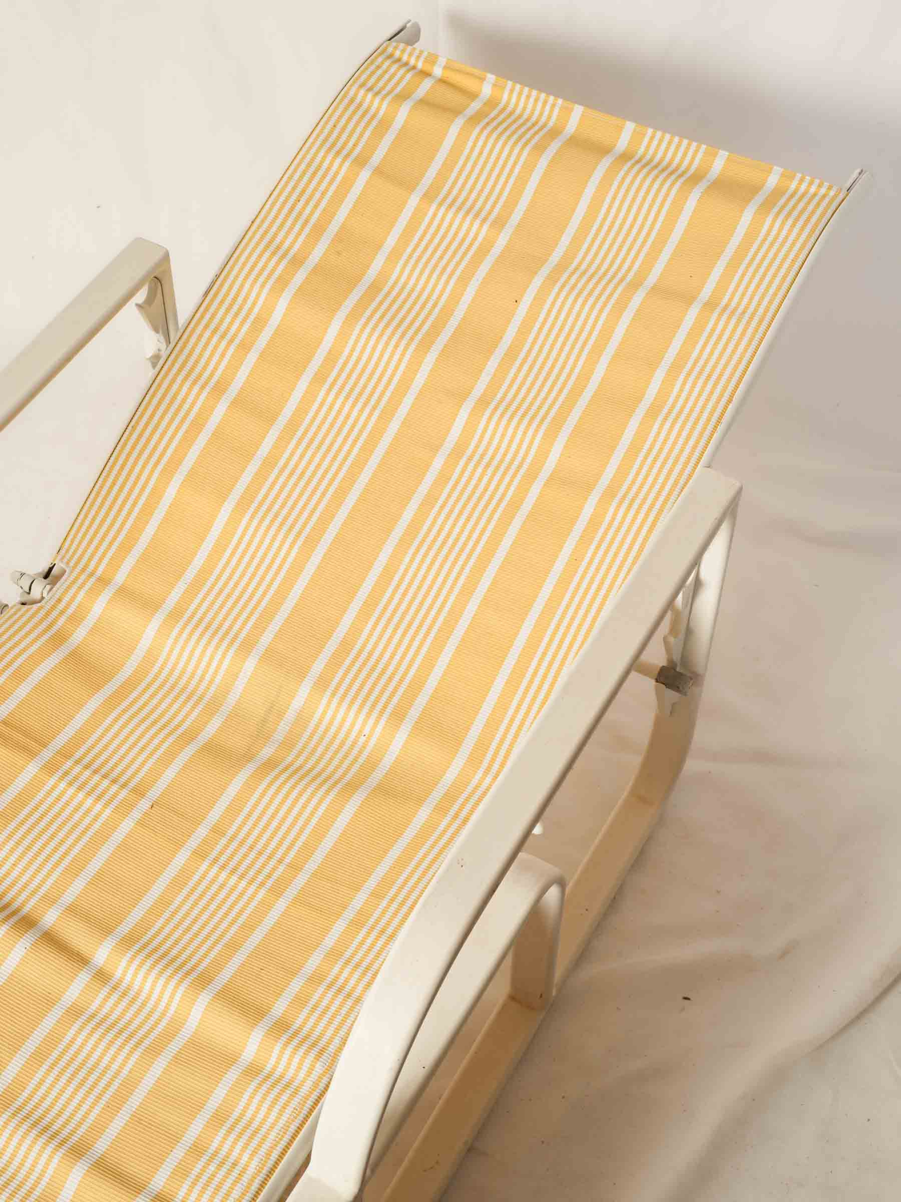 Pair of White Poolside Sun Loungers with Yellow Striped Sling Seats