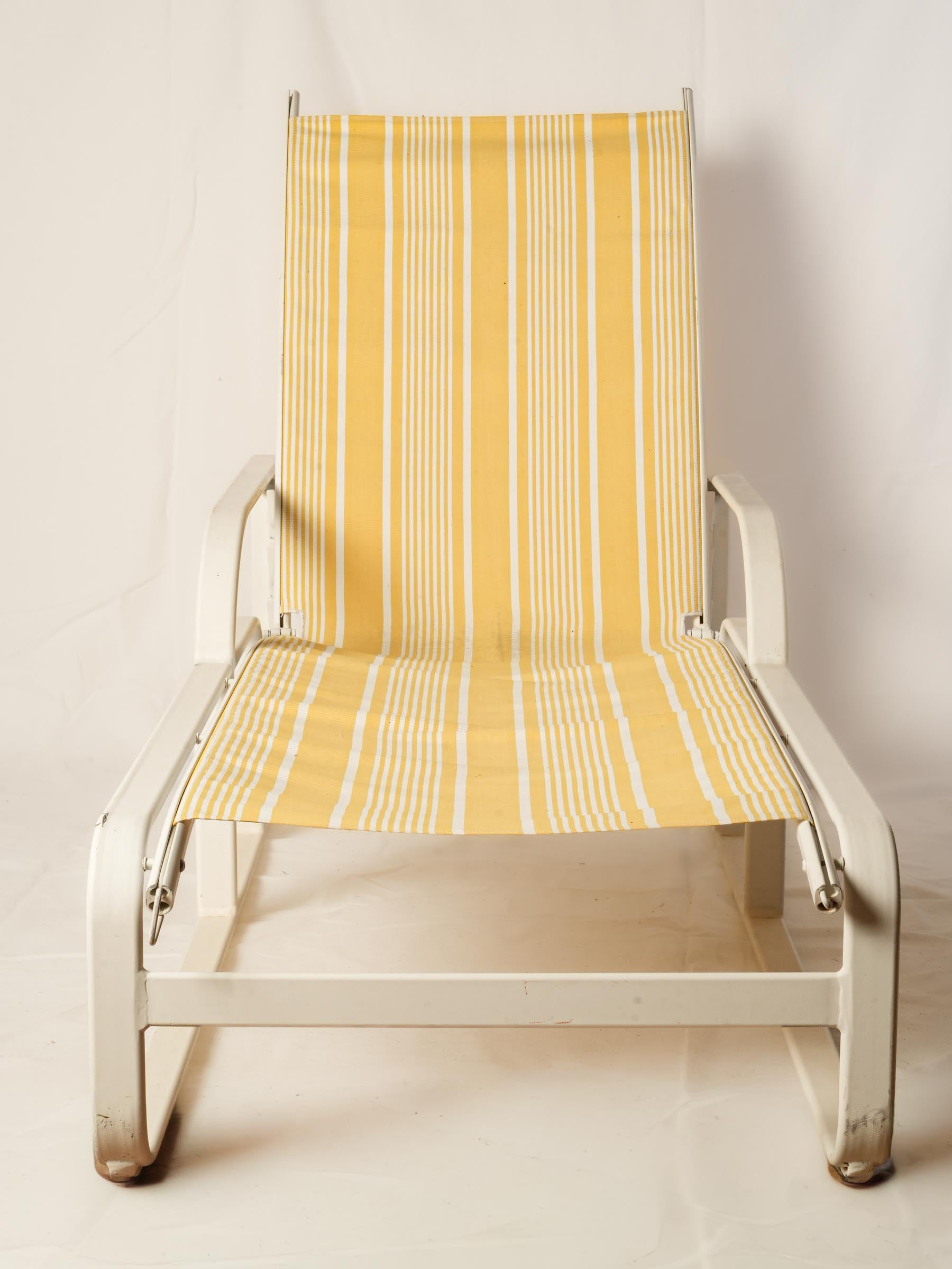 Pair of White Poolside Sun Loungers with Yellow Striped Sling Seats