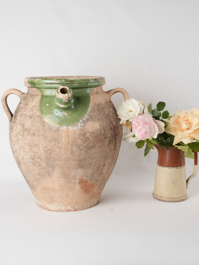Huge 19th century French olive oil pot -  w/ green - Provence 17¾"