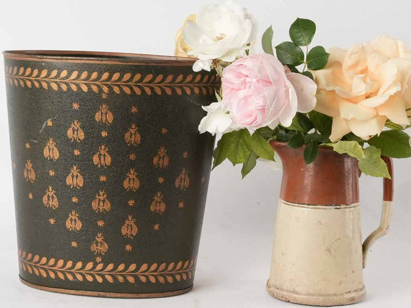 French waste paper bin w/ bees - dark green 11½"