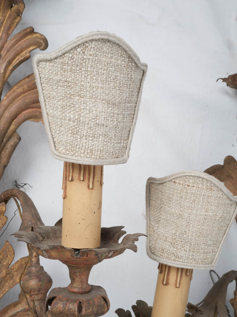 Aged, Italian Three-Light Acanthus Sconces