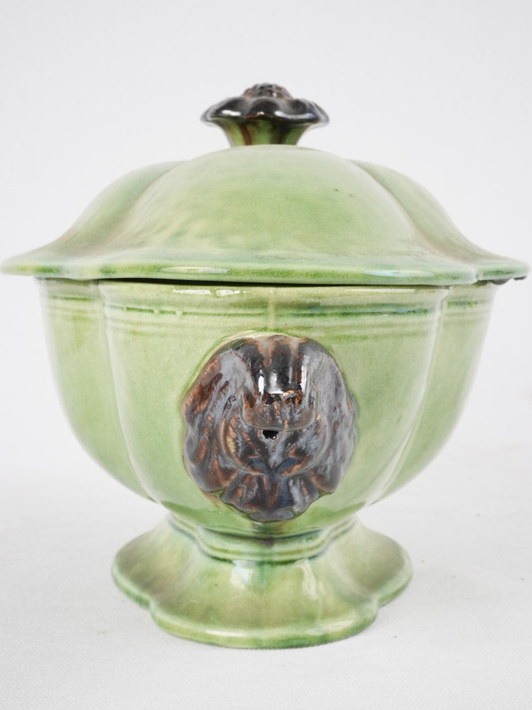 Antique French Dieulefit green tureen with lid - 7"