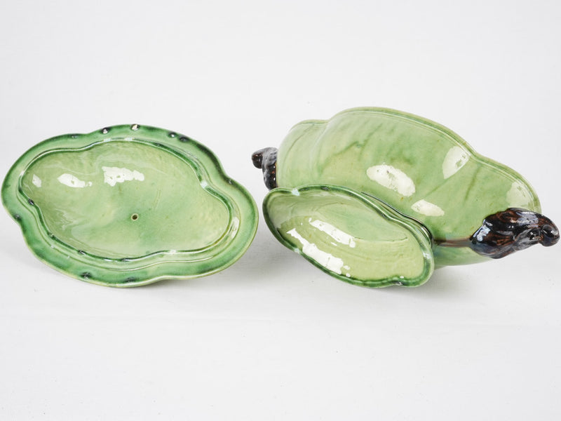 Antique French Dieulefit green tureen with lid - 7"