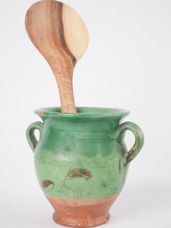 Antique French miniature green confit pot with handle - 4¼"