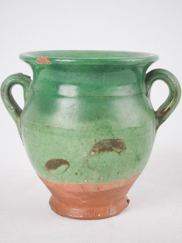 Antique French miniature green confit pot with handle - 4¼"