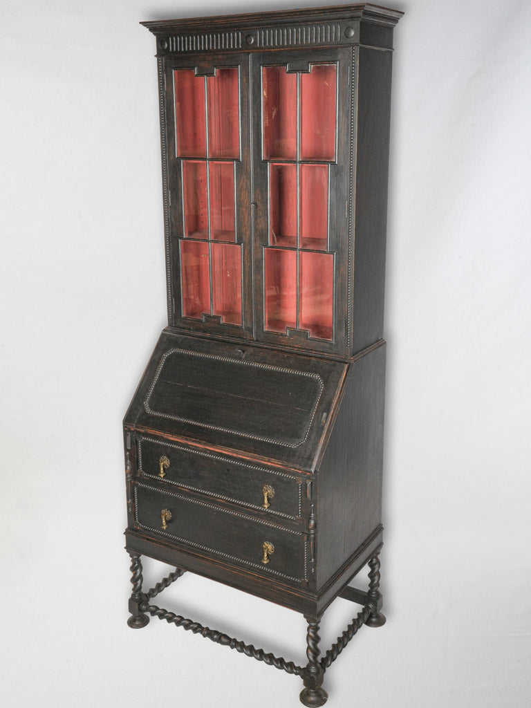 Narrow Black-Painted Early 20th Century Bureau Bookcase w/ Red Interior - 82¾"