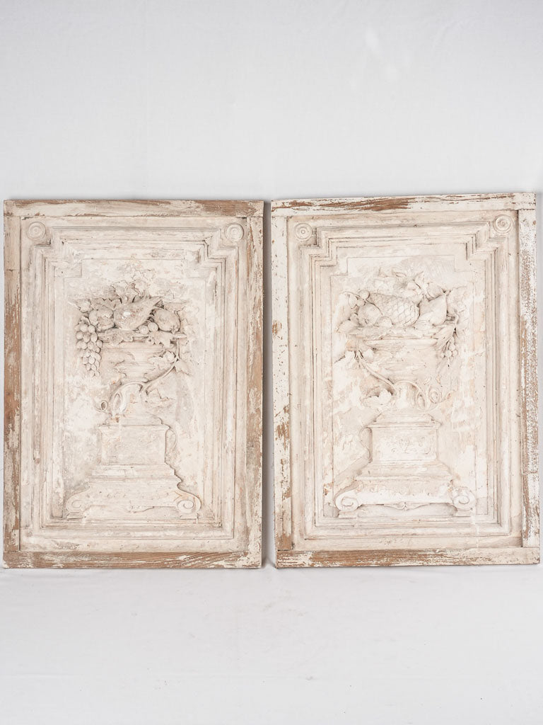 Pair of large salvaged sculptural panels w/ white patina 32¼" x 22½"