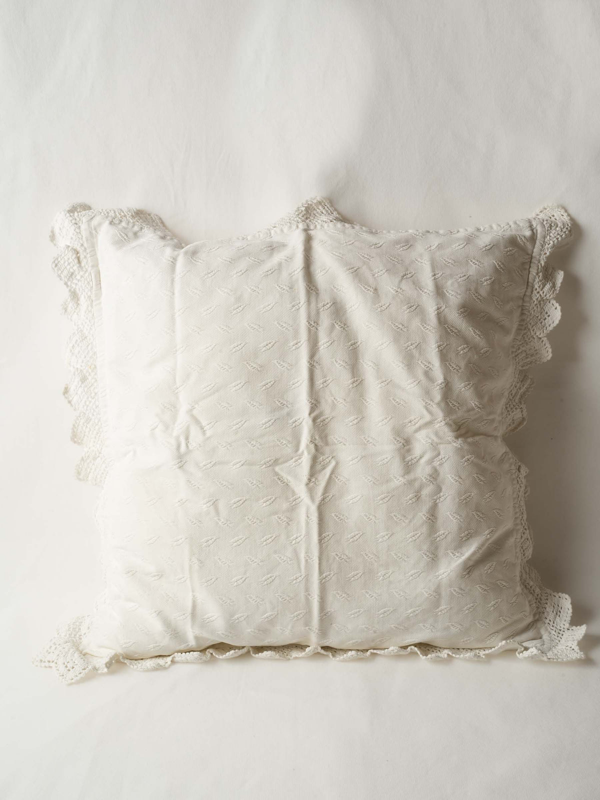 Large Square French Pillowcase w/ White Embroidery & Crochet Lace Border 23¾"